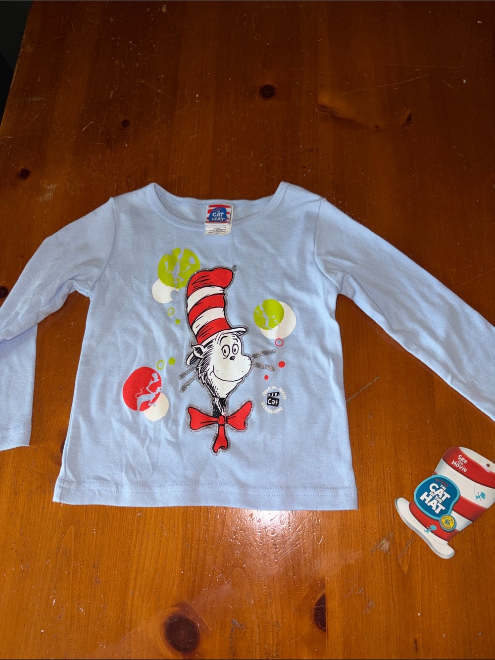 Vintage Dr. Seuss Light Blue Cat in the Hat Long Sleeve Tee with Red Accent NWT
